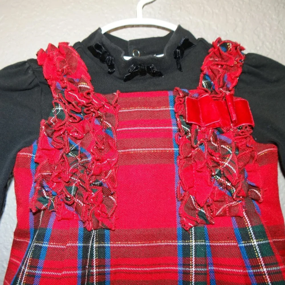 Red Plaid Holiday / Christmas Dress & Black Onesie w/ Diaper Cover Sz 12 months